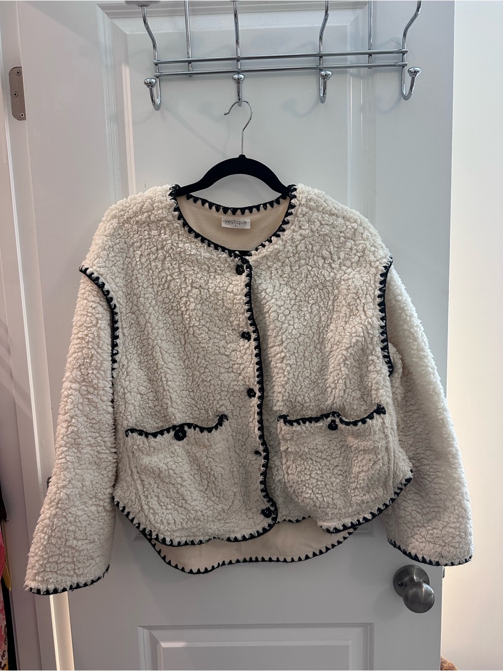 vestique Cream Sherpa Jacket with Black Trim Accents